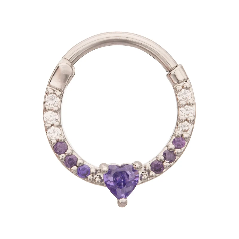 Purple CZ Heart Hinge Septum Ring - 16 Gauge