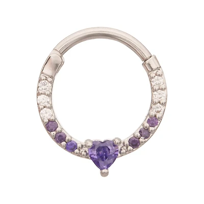 Purple CZ Heart Hinge Septum Ring - 16 Gauge
