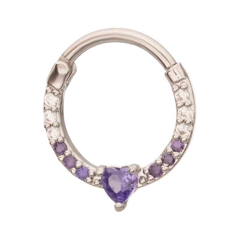 Purple CZ Heart Hinge Septum Ring - 16 Gauge