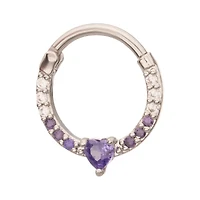 Purple CZ Heart Hinge Septum Ring - 16 Gauge