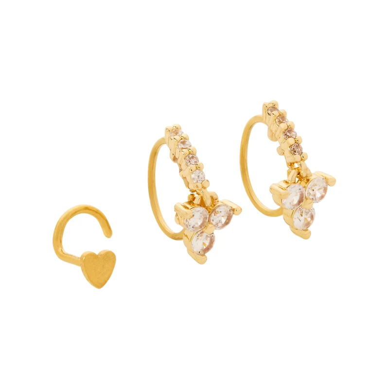 Multi-Pack CZ Hoop and Heart Screw Nose Rings 3 Pack - 20 Gauge