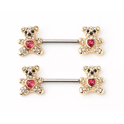 CZ Teddy Bear Goldtone Nipple Barbells - 14 Gauge