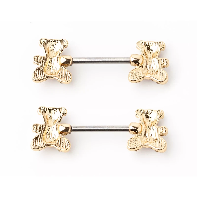 CZ Teddy Bear Goldtone Nipple Barbells - 14 Gauge