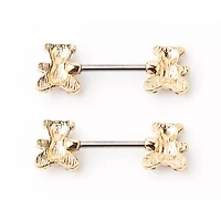 CZ Teddy Bear Goldtone Nipple Barbells - 14 Gauge