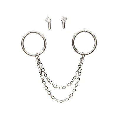 Multi-Pack Silver Chain Hoops and Nose Pins 4 Pack - 18 Gauge
