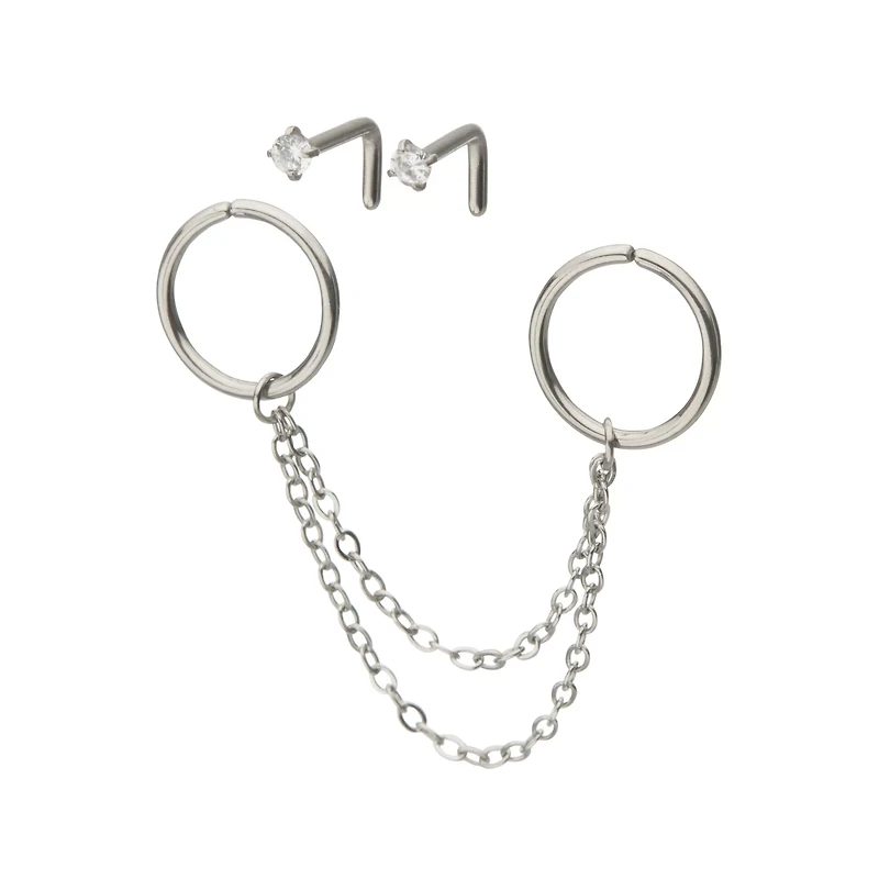 Multi-Pack Silver Chain Hoops and Nose Pins 4 Pack - 18 Gauge