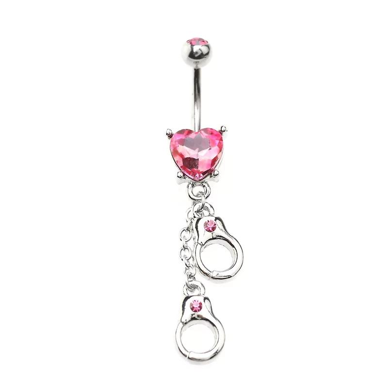 Pink Heart Hand Cuff Belly Ring - 14 Gauge