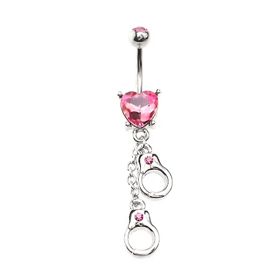 Pink Heart Hand Cuff Belly Ring - 14 Gauge