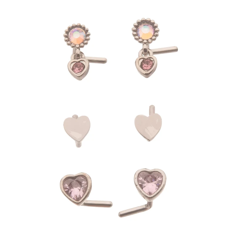 Multi-Pack CZ L-Bend Pink Heart Nose Rings 6 Pack - 20 Gauge