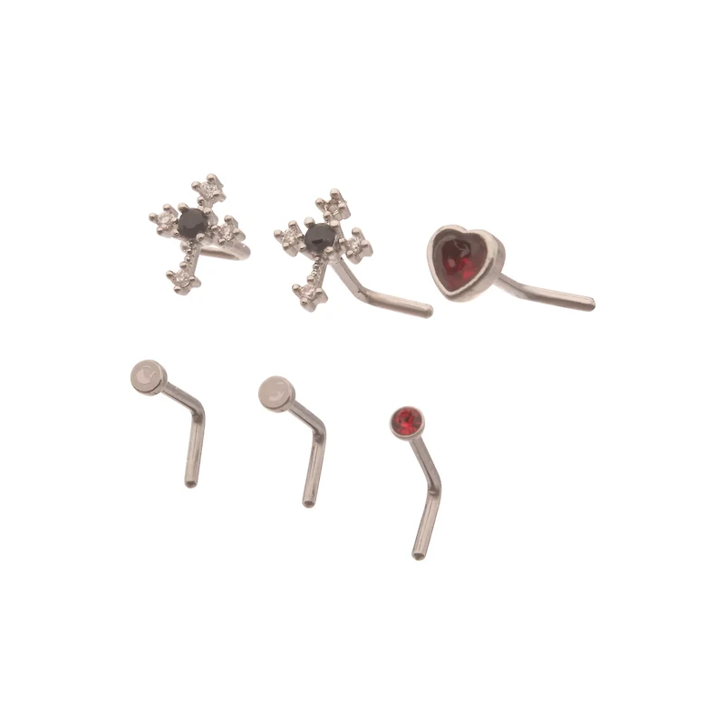 Gothic Heart and Cross L-Bend Nose Rings 6 Pack - 20 Gauge