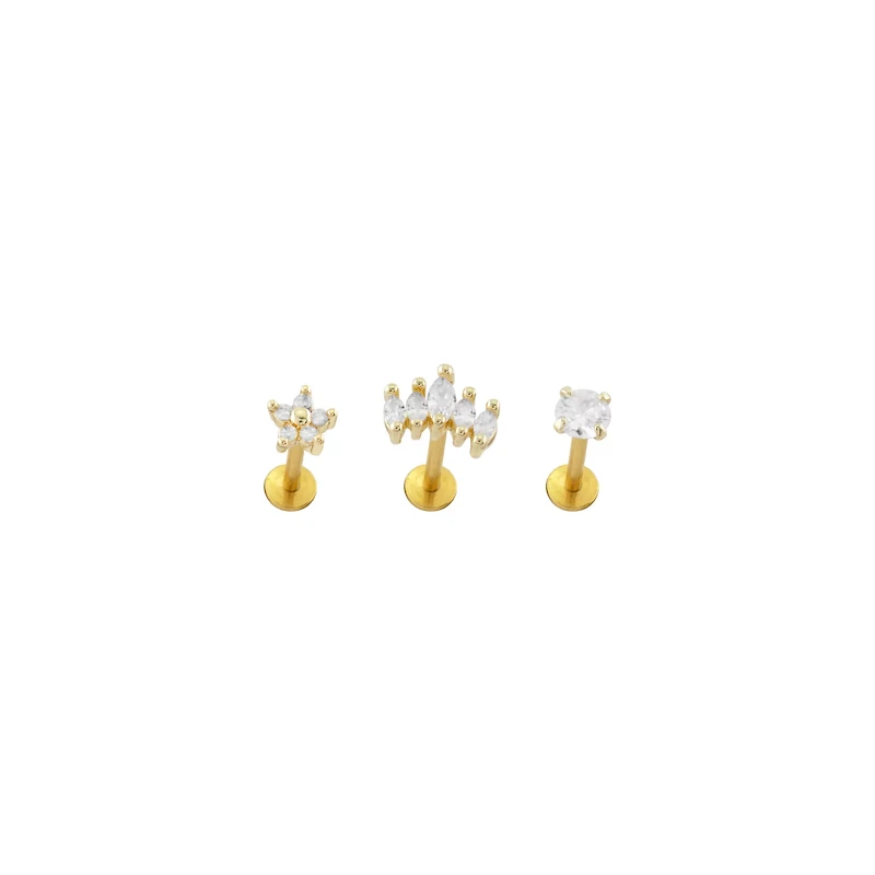 Multi-Pack CZ Shape Gold-Plated Labret Lip Rings - 3 Pack