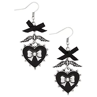 Black Heart Bow Wing Dangle Earrings