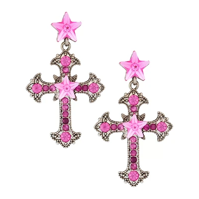 Silvertone and Pink Star Bling Cross Dangle Earrings