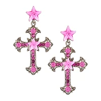 Silvertone and Pink Star Bling Cross Dangle Earrings