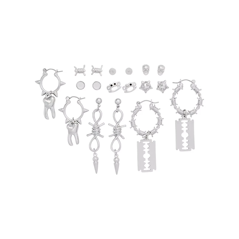 Multi-Pack Barbed Wire Razor Tooth Stud Earrings and Dangle Earrings 9 Pair - 20 Gauge