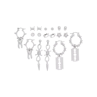 Multi-Pack Barbed Wire Razor Tooth Stud Earrings and Dangle Earrings 9 Pair - 20 Gauge