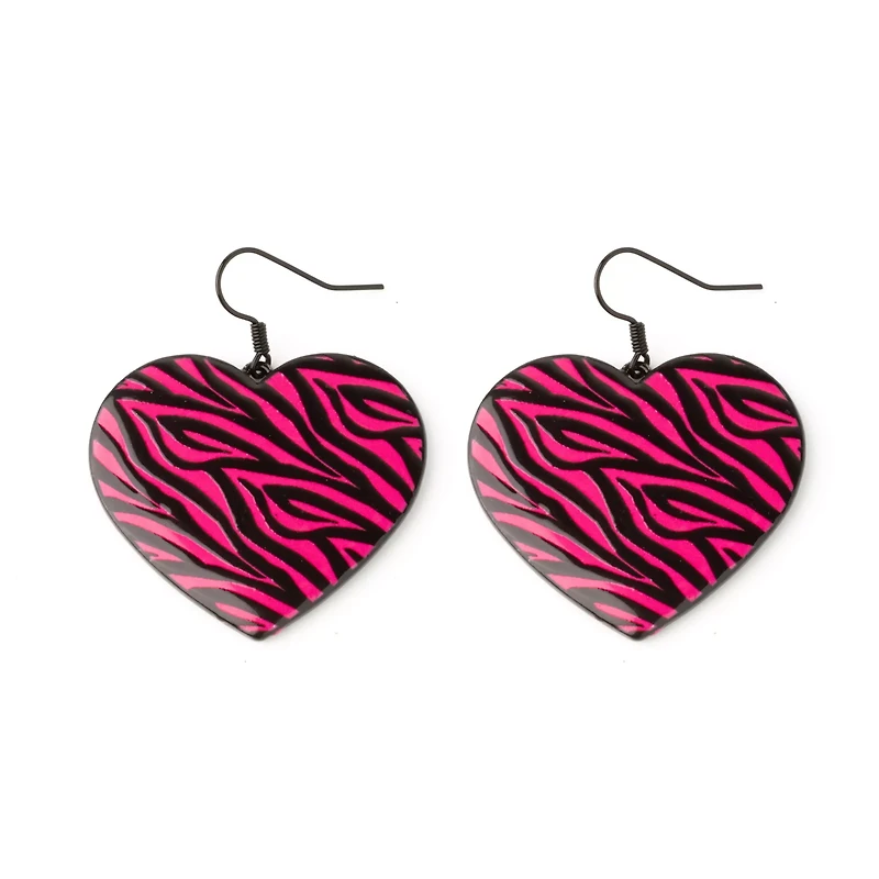 Pink Zebra Print Heart Dangle Earrings