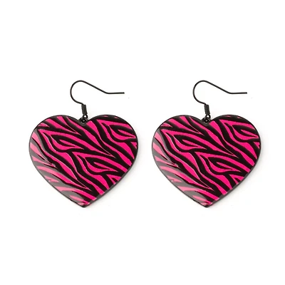 Pink Zebra Print Heart Dangle Earrings