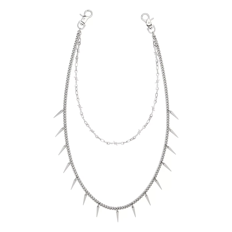 Silvertone Double Row Barbed Spike Wallet Chain