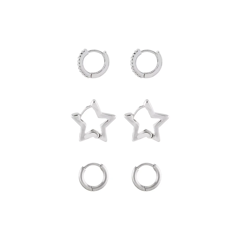Multi-Pack Silvertone Star Hoops 3 Pair - 18 Gauge