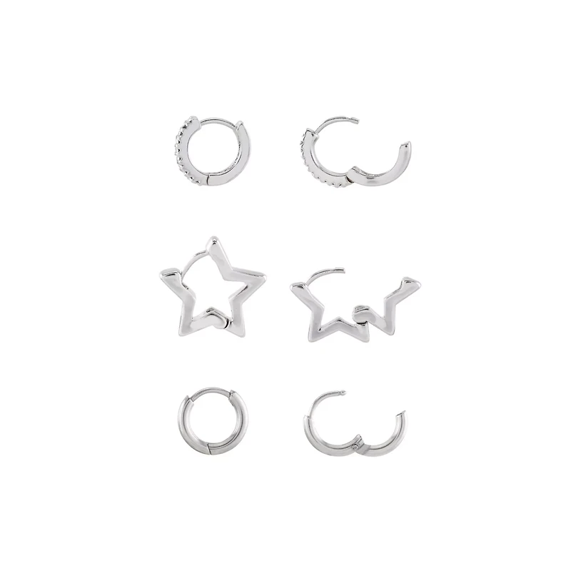 Multi-Pack Silvertone Star Hoops 3 Pair - 18 Gauge