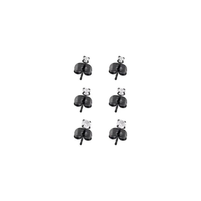 Multi-Pack Prong CZ Black Stud Earrings - 3 Pair