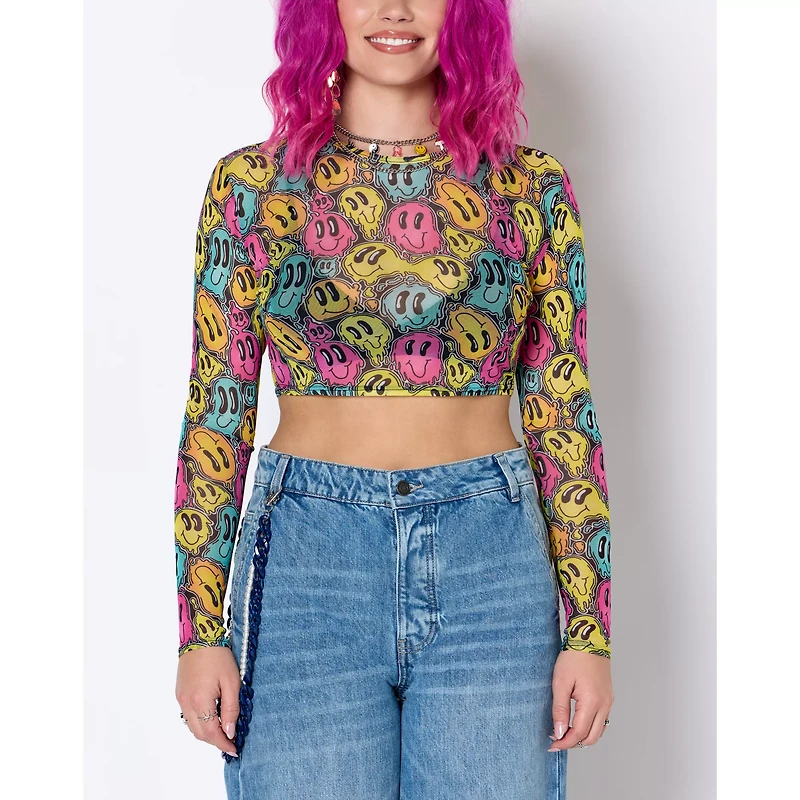 Trippy Smiley Face Mesh Crop Top