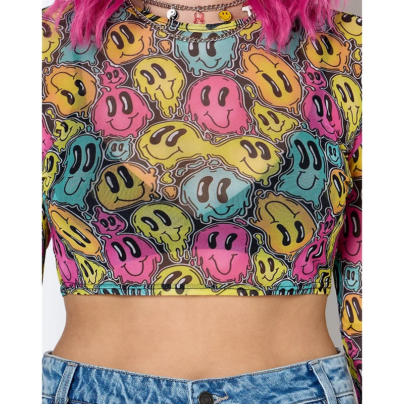 Trippy Smiley Face Mesh Crop Top
