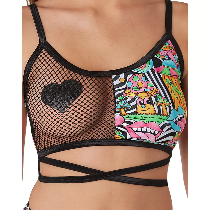 Trippy Lip Mushroom Half Mesh Bralette