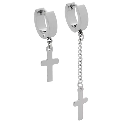 Silvertone Cross Pendant Dangle Huggie Hoop Earrings