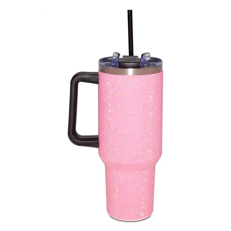 Pink Rhinestone Travel Tumbler with Straw - 40 oz.