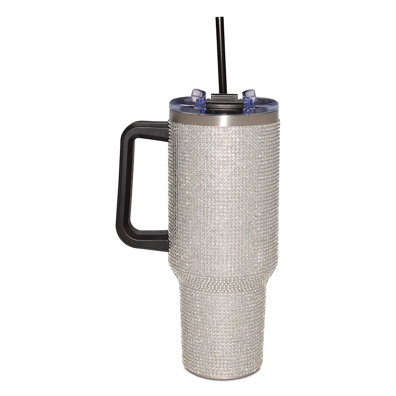 Silver Rhinestone Tumbler with Straw - 40 oz.