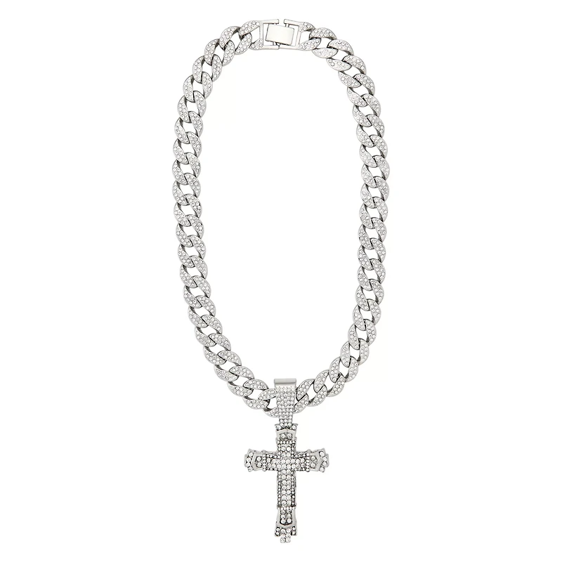 Silver Cross Bling Chain Necklace