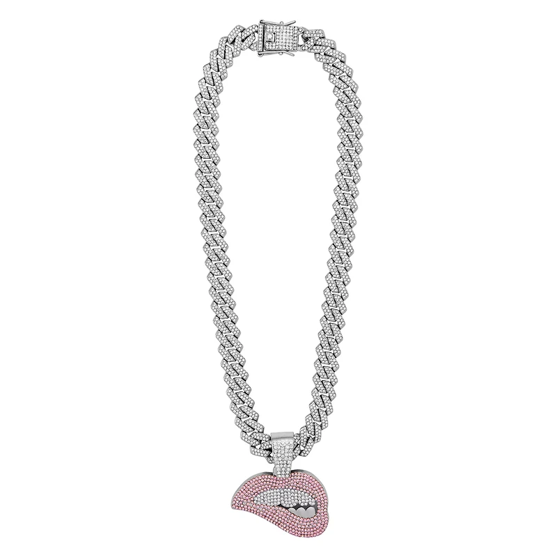 Silver Lip Bite Bling Chain Necklace
