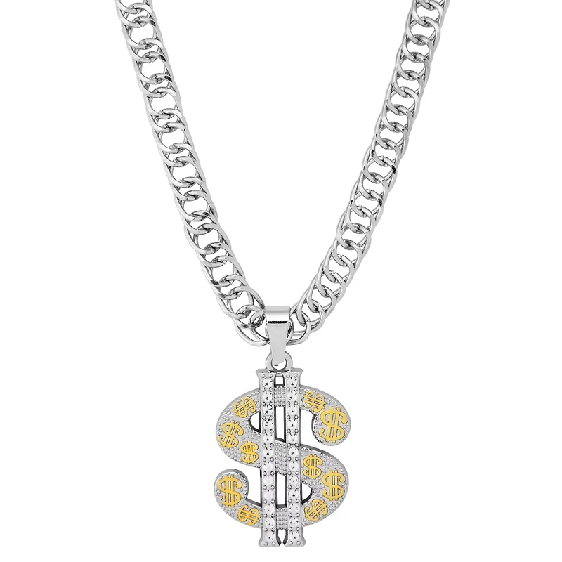Silver Dollar Sign Bling Chain Necklace
