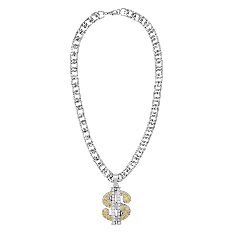 Silver Dollar Sign Bling Chain Necklace
