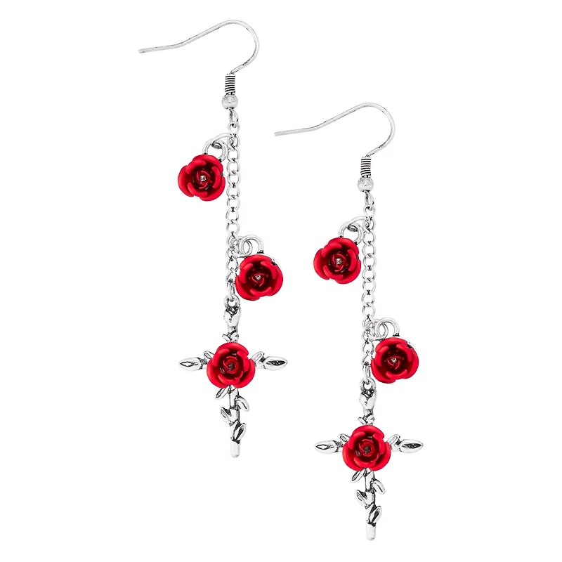 Red Roses Silvertone Cross Dangle Earrings