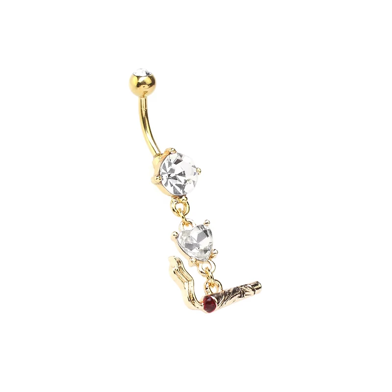 CZ Goldtone Joint Dangle Belly Ring - 14 Gauge