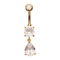 ASTM F-136 Goldtone CZ Teardrop Dangle Belly Ring - 14 Gauge