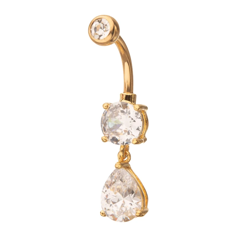 ASTM F-136 Goldtone CZ Teardrop Dangle Belly Ring - 14 Gauge