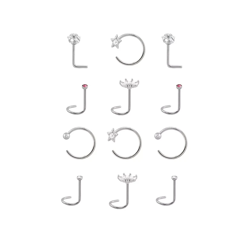 Multi-Pack CZ Screw Horseshoe and L-Bend Nose Rings 12 Pack - 20 Gauge