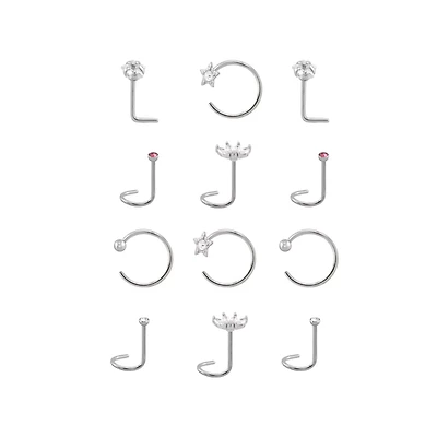 Multi-Pack CZ Screw Horseshoe and L-Bend Nose Rings 12 Pack - 20 Gauge