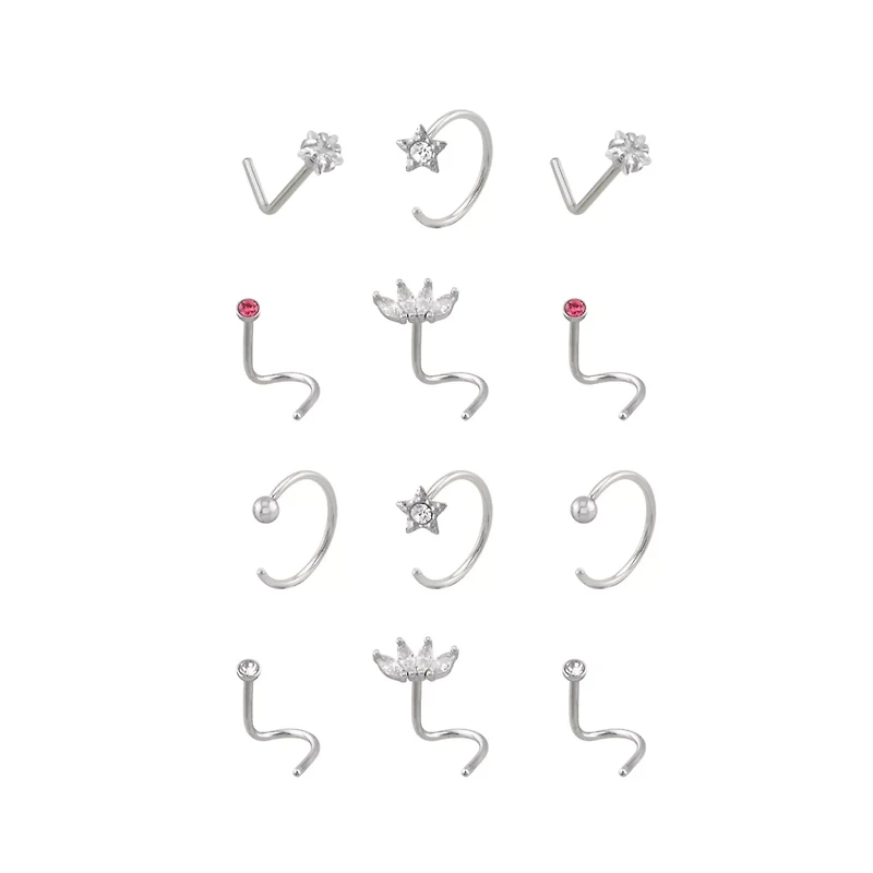 Multi-Pack CZ Screw Horseshoe and L-Bend Nose Rings 12 Pack - 20 Gauge