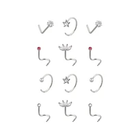 Multi-Pack CZ Screw Horseshoe and L-Bend Nose Rings 12 Pack - 20 Gauge