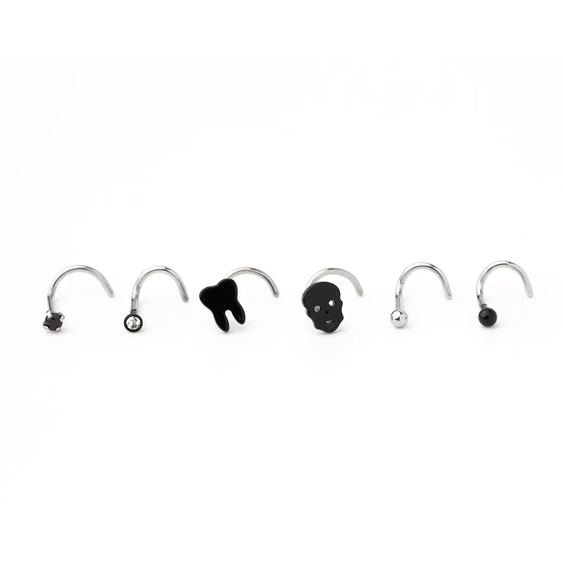 Multi-Pack CZ Tooth Skull Screw Nose Rings 6 Pack - 20 Gauge