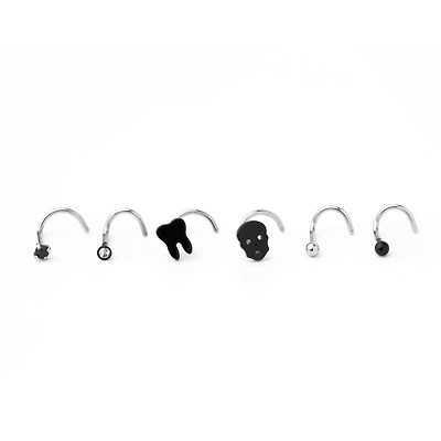 Multi-Pack CZ Tooth Skull Screw Nose Rings 6 Pack - 20 Gauge