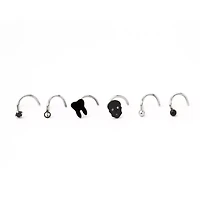 Multi-Pack CZ Tooth Skull Screw Nose Rings 6 Pack - 20 Gauge