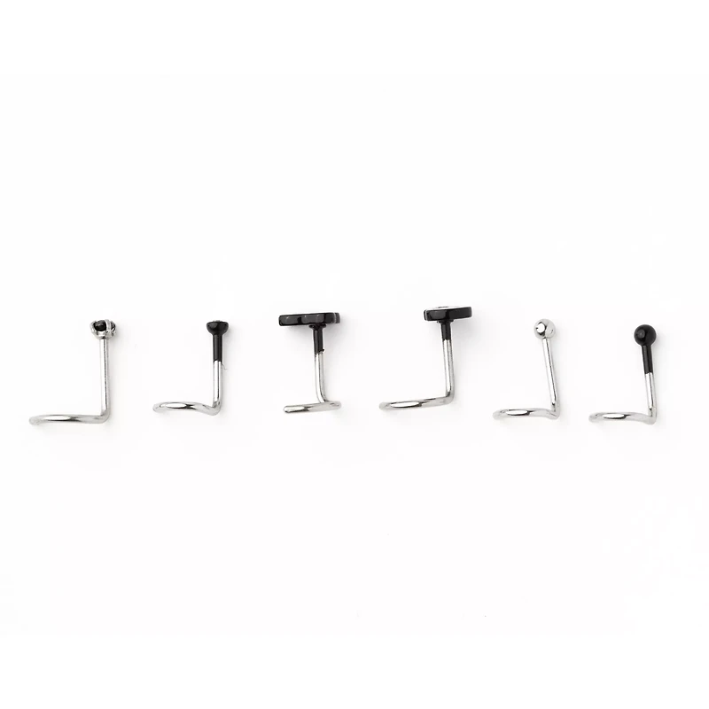 Multi-Pack CZ Tooth Skull Screw Nose Rings 6 Pack - 20 Gauge