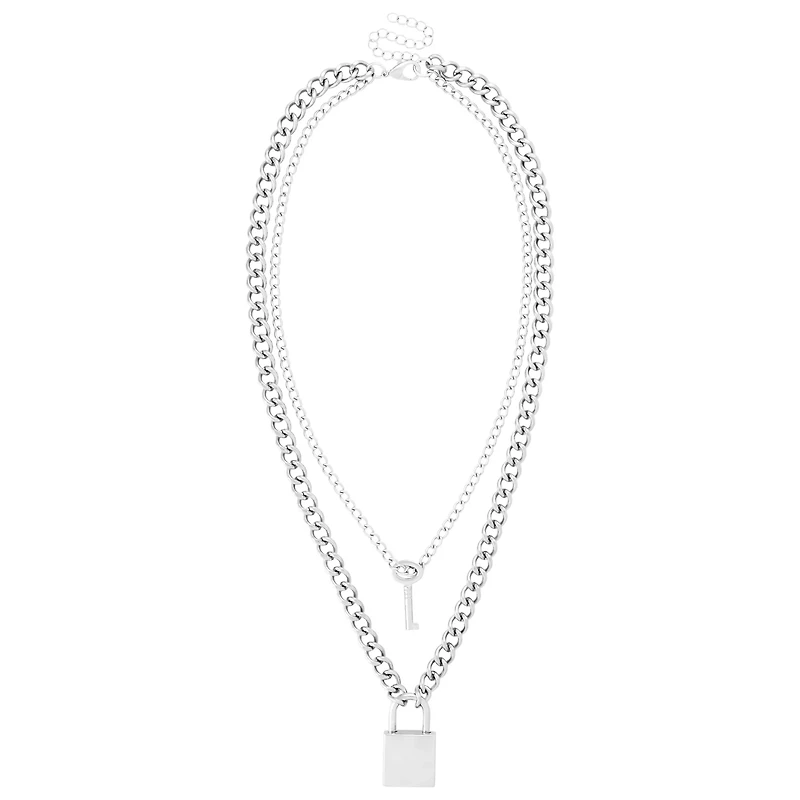 Silver 2-Row Lock and Key Necklace Set
