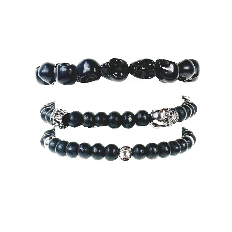 Multi-Pack Black Skull Beaded Bracelets